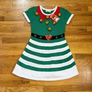 Margaux & Lexi Girl Medium 10/12 Holiday Christmas Green White Striped Elf Dress